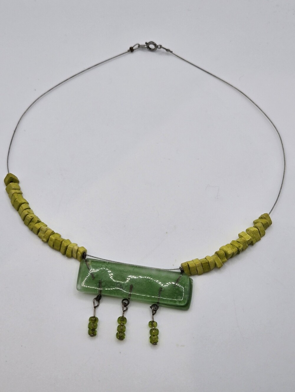 Whimsical Fused Green Glass Choker Necklace Clay beads Mermaid Fairy 90s Beachy